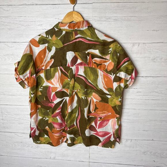 Rachel Zoe Top Womens Size Medium Colorful Floral Foliage 100% Linen Button Down - Picture 11 of 16